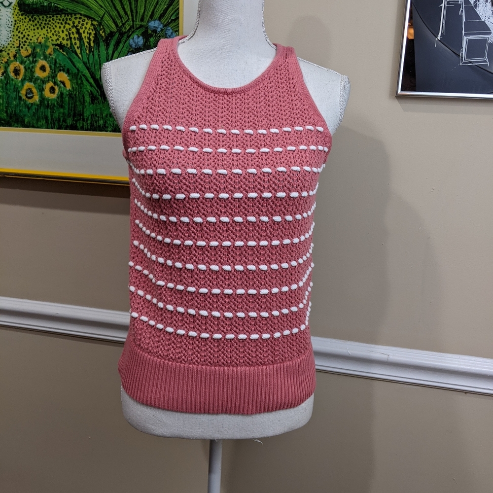 LOFT Pink Knit Tank Sweater with White Details